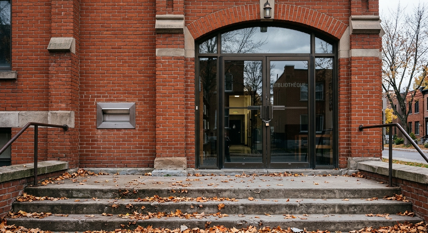 the locked glass front doors of a dark, empty public library set in a classic red brick building typical of Quebec neighborhoods, featuring an empty metal book