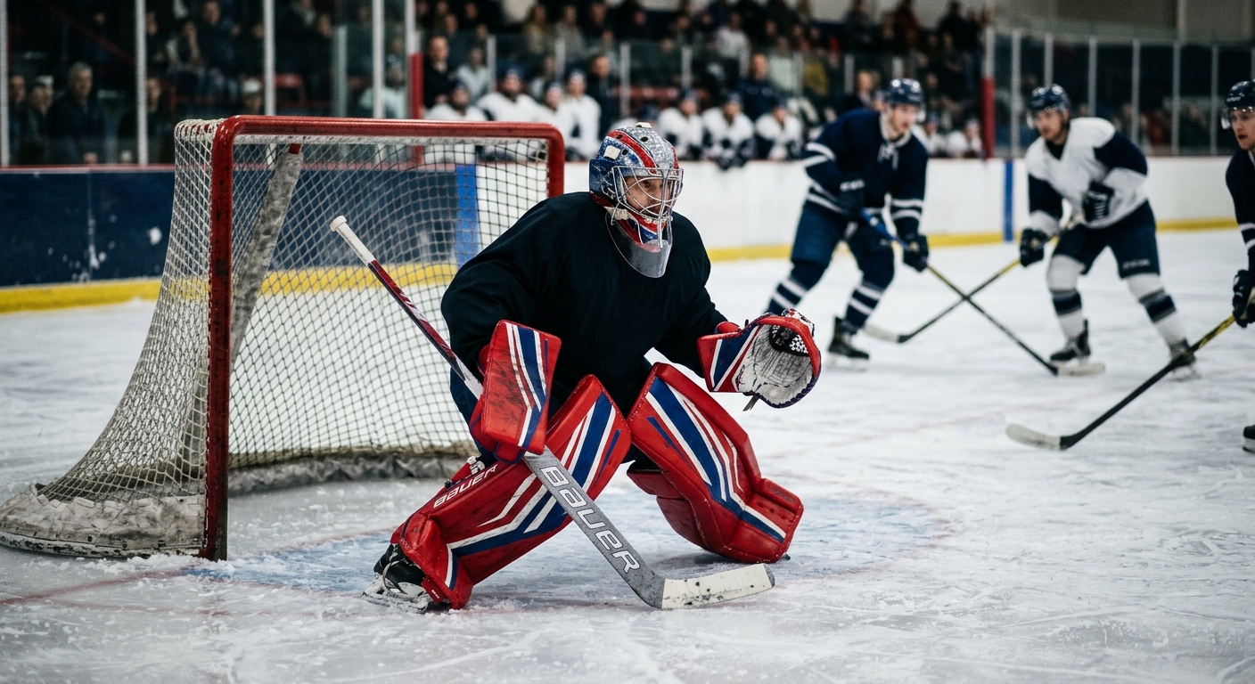 a professional ice hockey goaltender in generic red, white, and blue equipment crouching in the crease, anticipating a shot on an indoor ice rink with scattered