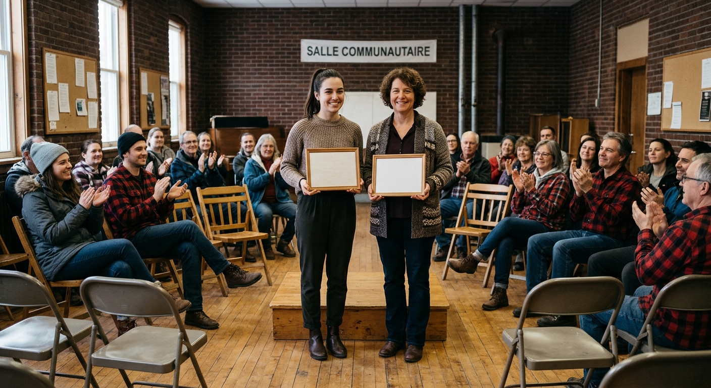 a young woman and a middle-aged woman standing in a modest community hall holding blank framed certificates, surrounded by a small audience of local residents c