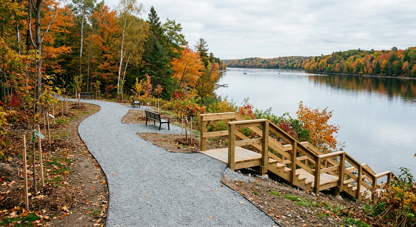 a freshly leveled gravel walking trail and a newly built wooden staircase leading toward a wide, calm river, bordered by freshly planted young tree saplings and