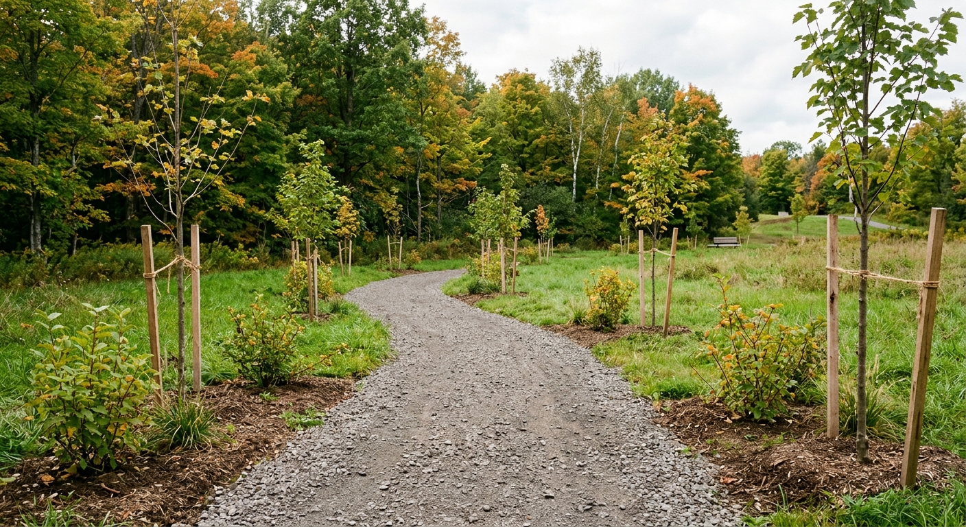 a freshly laid crushed stone pedestrian path winding through a grassy suburban park, flanked by newly planted young saplings tied to wooden stakes and small lea