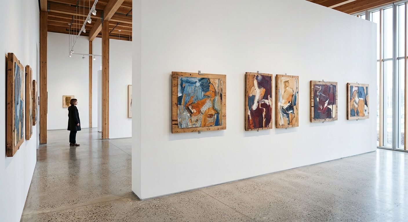 an art gallery interior showing a collection of abstract oil paintings on exposed wooden panels hanging on plain white walls inside a modern cultural center, na