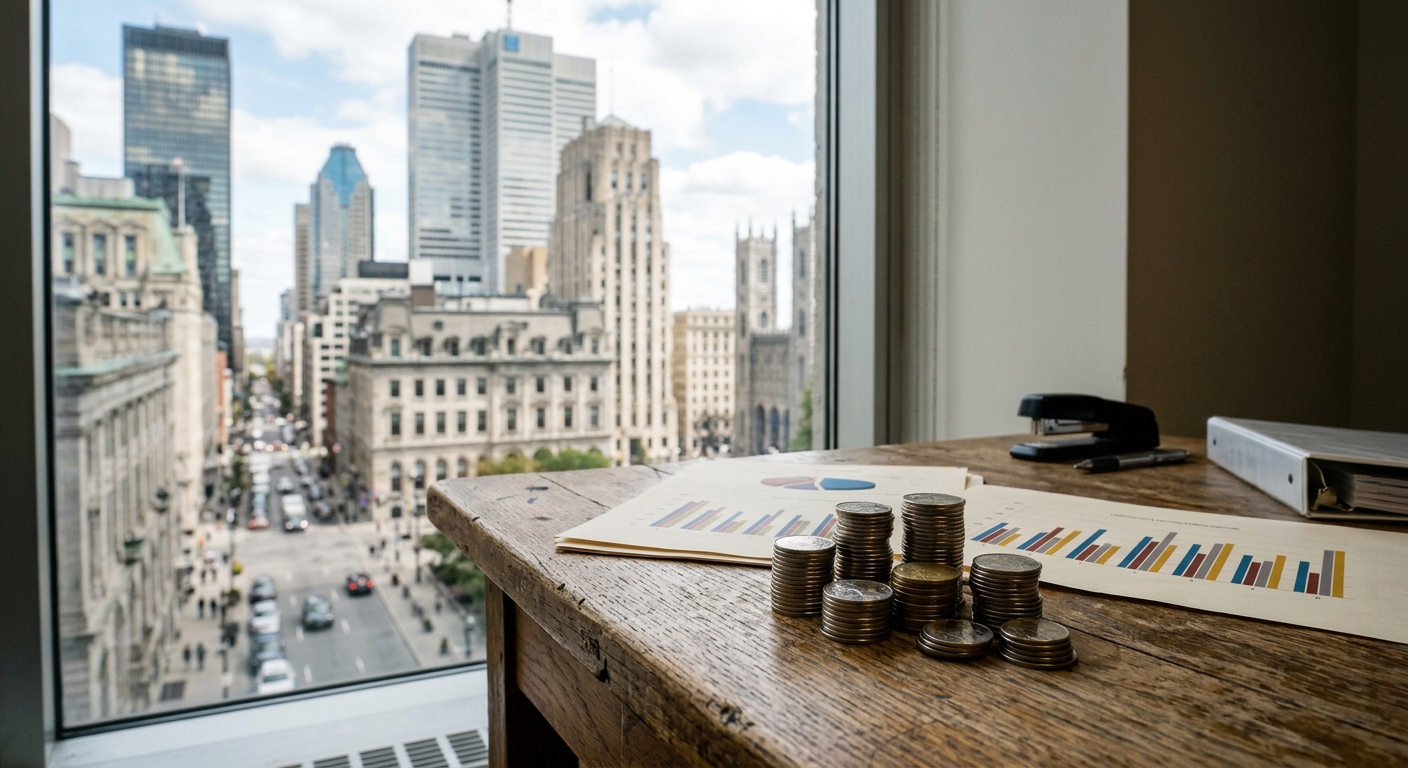 stacked metallic coins and printed bar charts on a wooden desk, with a blurred view of modern glass office buildings and historic greystone architecture typical