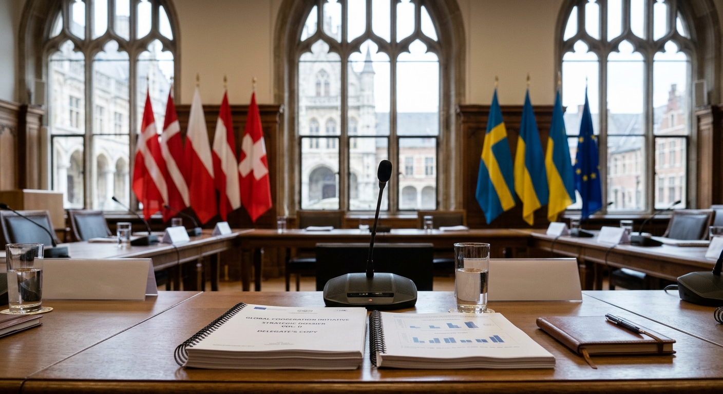 a formal conference table set up for an international summit, featuring a microphone, a glass of water, and thick printed dossiers, with soft, out-of-focus red