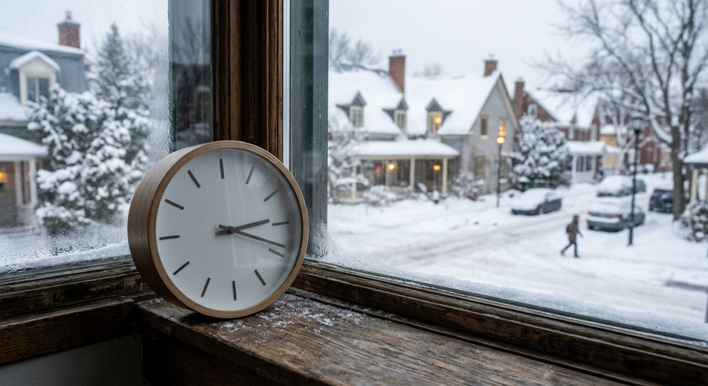 a minimalist analog clock resting on a wooden windowsill overlooking a quiet, snow-covered residential street in Quebec, natural everyday lighting, shot on a DS