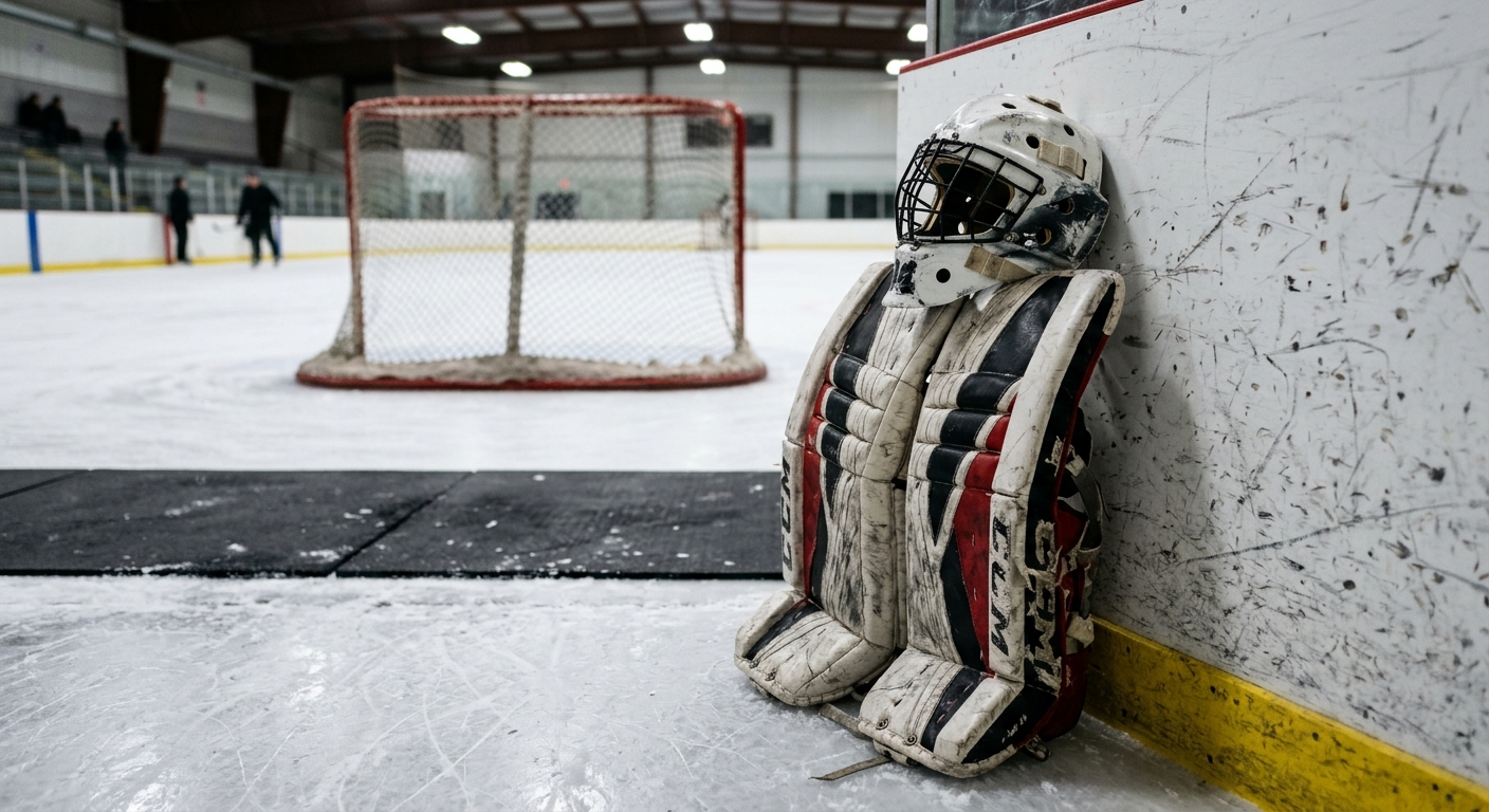 a set of worn ice hockey goalie pads and a helmet resting against the scuffed white boards of a local indoor ice rink in Quebec, a red goal frame visible on the