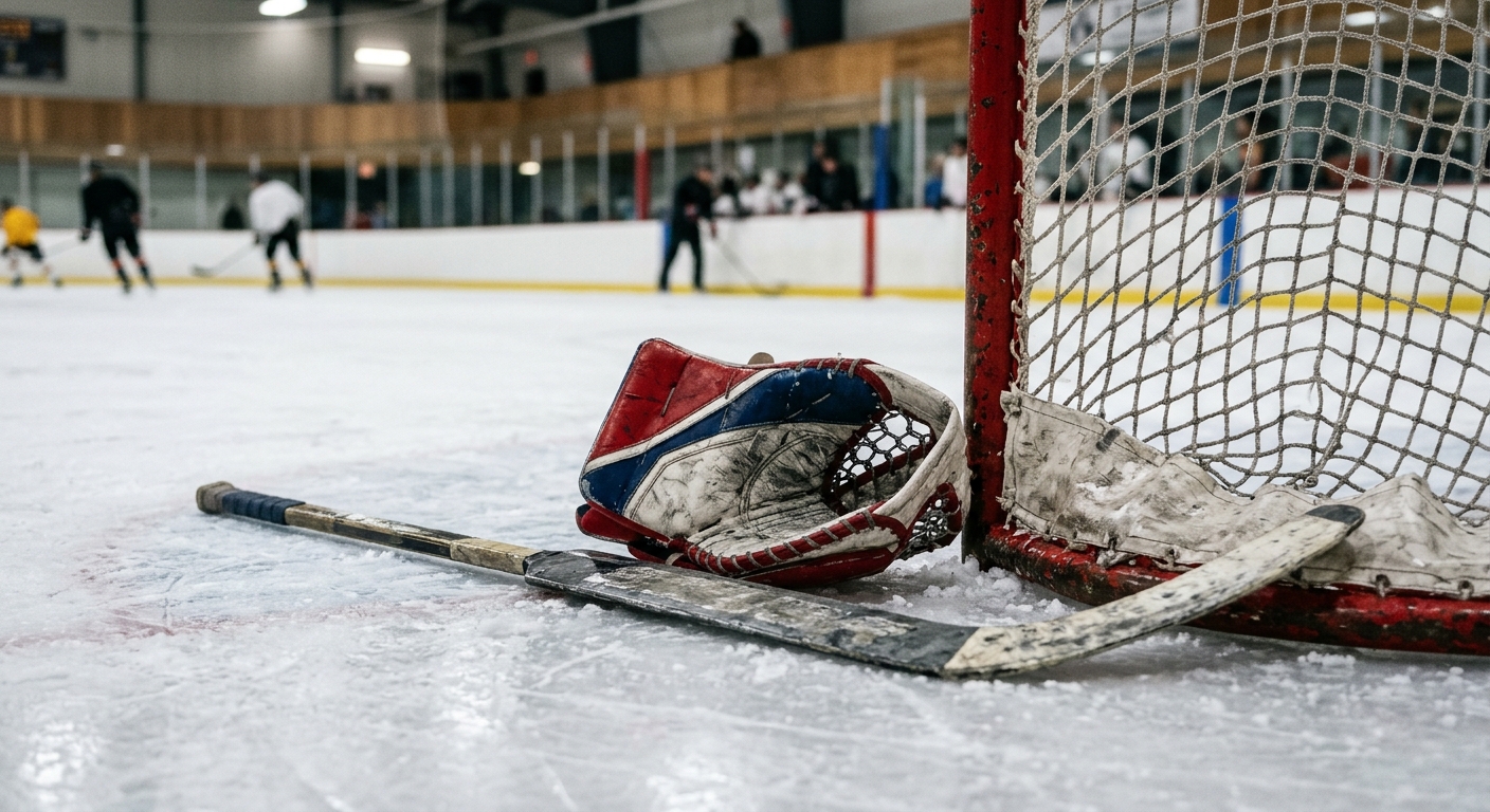 a scuffed hockey goalie catching glove and a composite goalie stick resting on the ice next to a red goal post inside a community ice rink, featuring plain red,