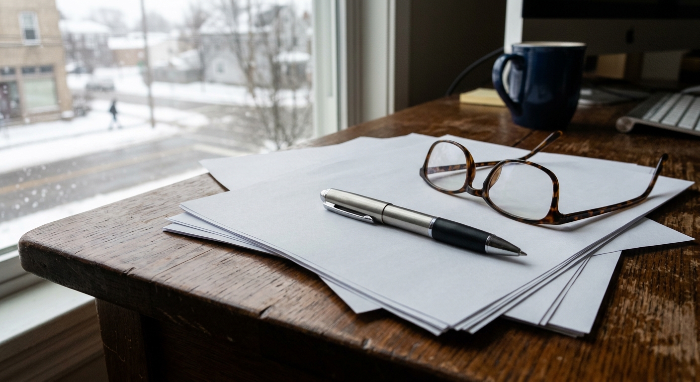 a metal pen resting on a stack of printed employment documents and a pair of reading glasses on a wooden office desk, with a blurred view of a snow-covered stre