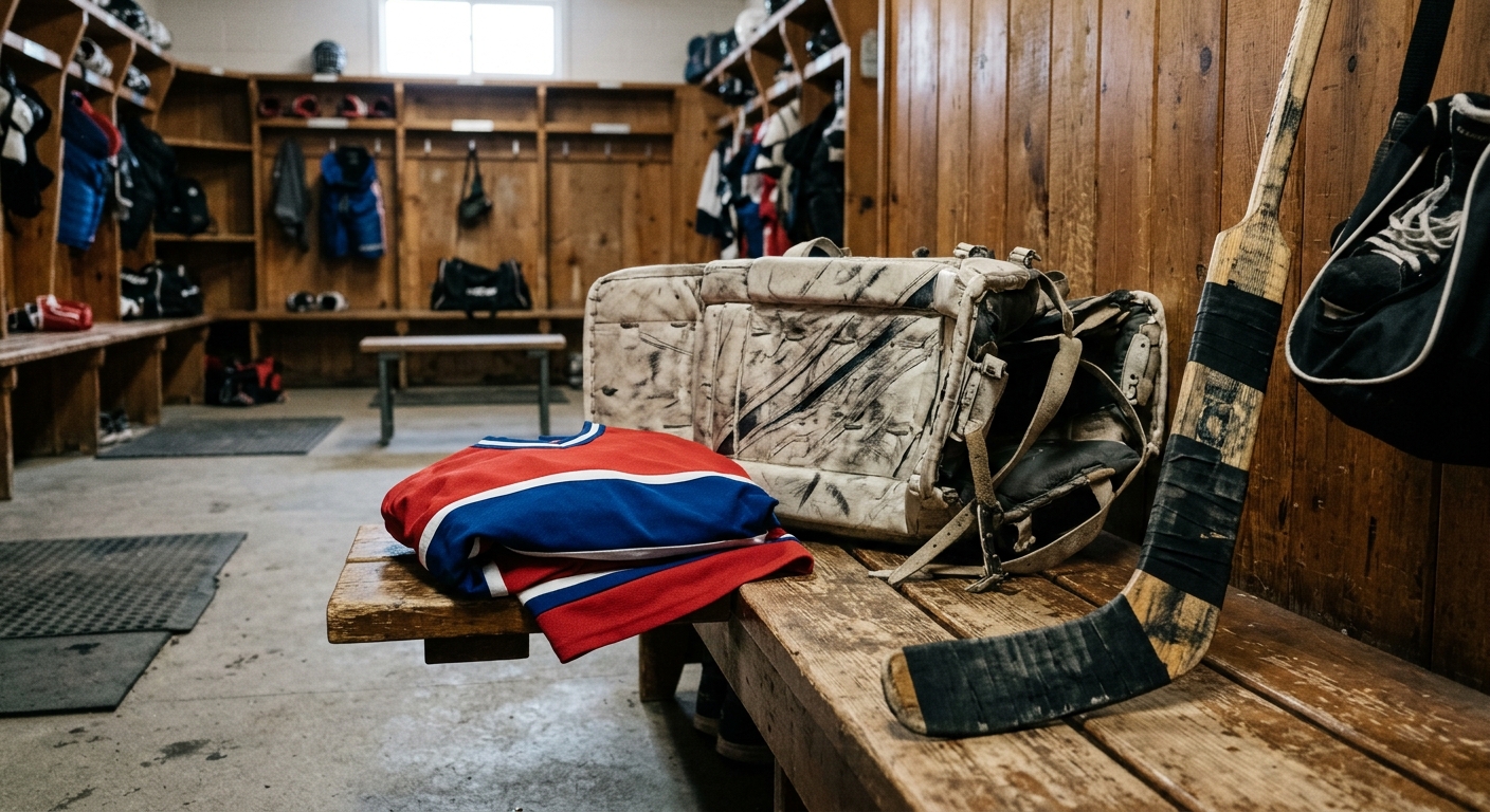 a folded red, blue, and white ice hockey jersey resting next to heavily scuffed goalie pads and a taped wooden hockey stick on a wooden bench inside a tradition