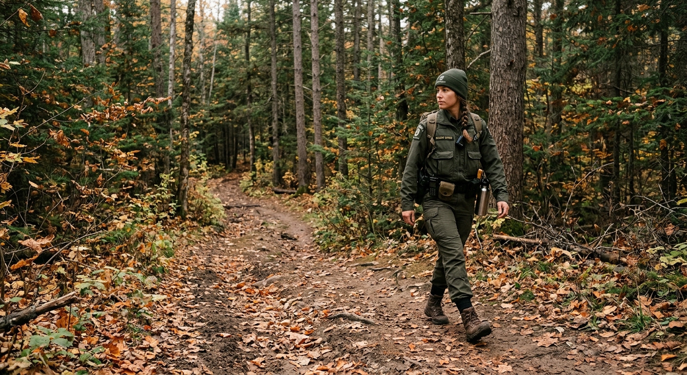 a wildlife protection officer in a green utility uniform walking along a rugged dirt trail in a dense Canadian autumn forest with faded fallen leaves and tall p