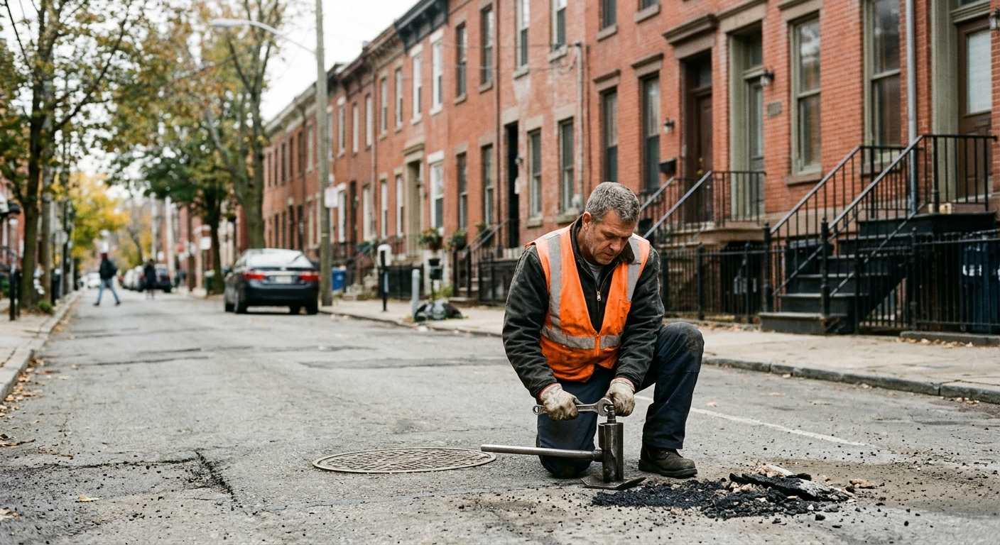 a municipal public works employee wearing a plain high-visibility safety vest, adjusting a street maintenance tool on an urban street lined with traditional bri