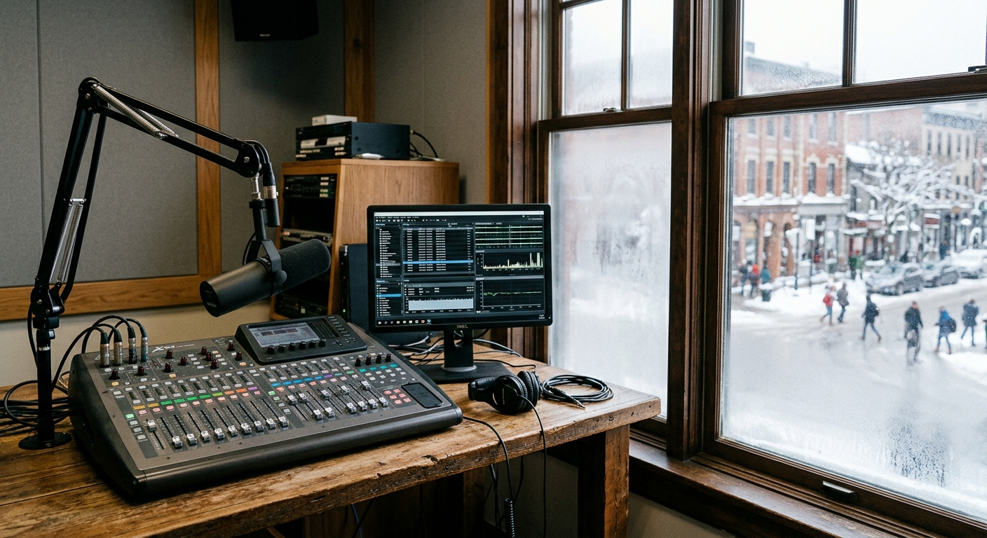a professional broadcasting room featuring an audio mixing console and a broadcast microphone on a wooden desk next to a computer monitor displaying abstract da