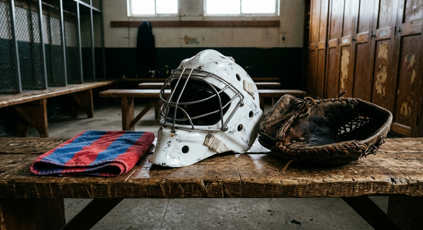 a scuffed white ice hockey goalie mask and a worn leather catcher glove resting on a wooden locker room bench beside a folded red and blue towel in a local Queb