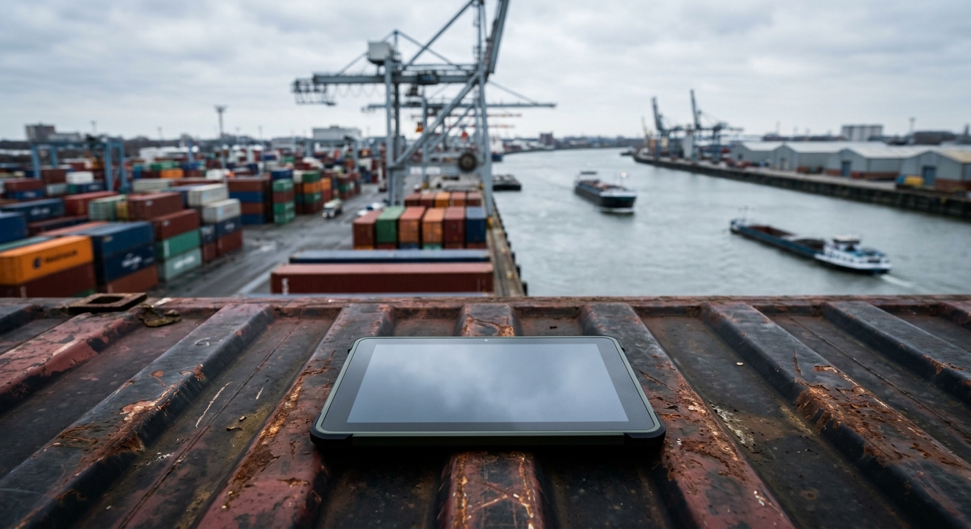 a digital tablet resting on a weathered metal shipping container at a busy river port, with blurred industrial cranes, stacked cargo boxes, and cold grey water